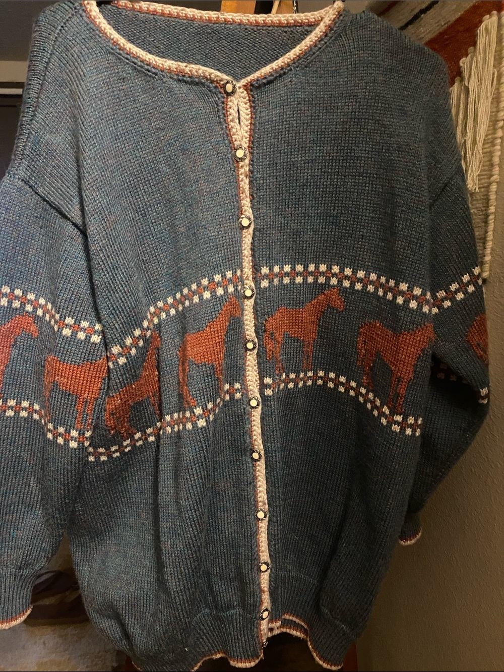 Vintage Blue Horse-Pattern Button Cardigan Sweater - Women - Picture 4 of 4